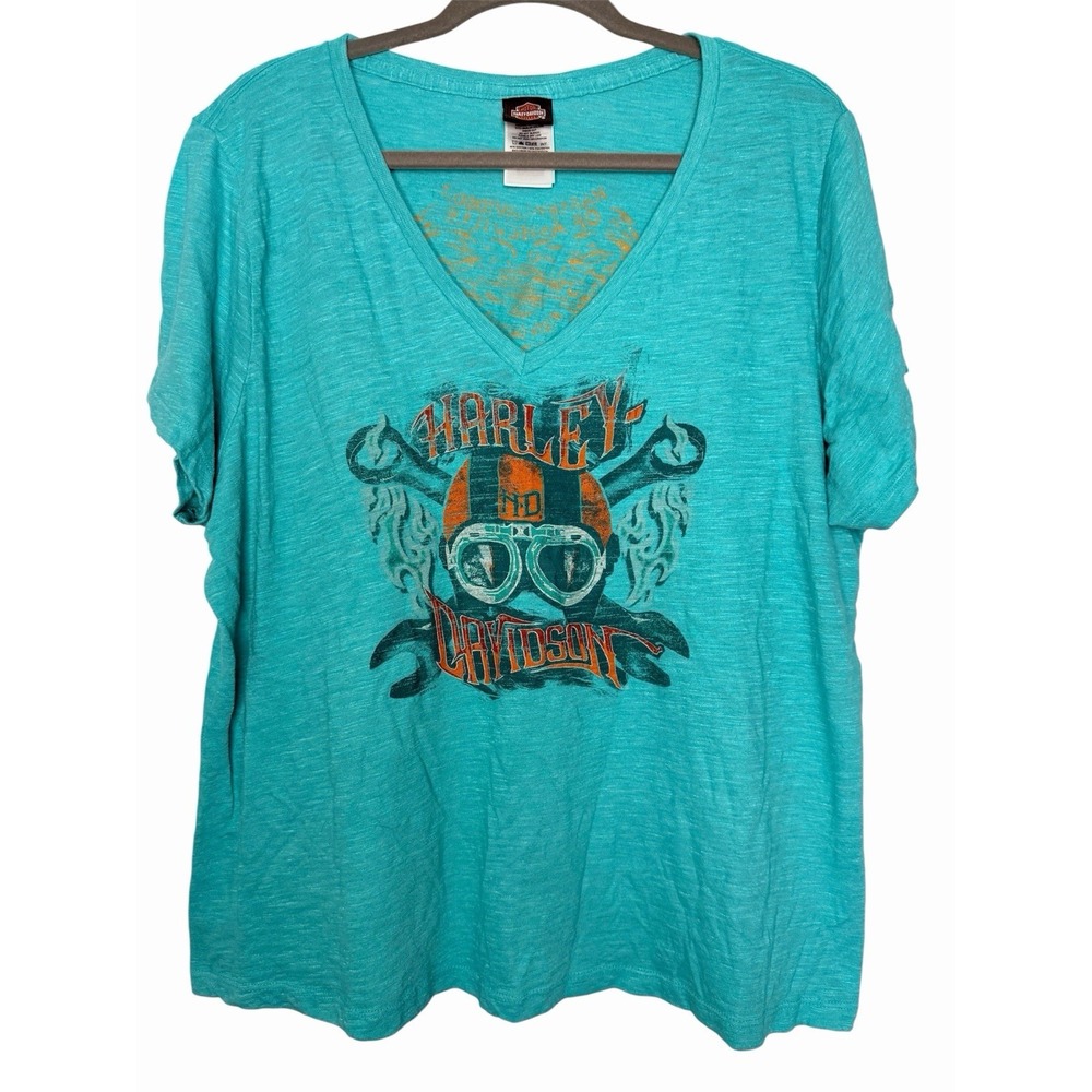 Harley Davidson V-Neck Graphic Print Short Sleeve T-Shirt 1XL Aqua Asheville